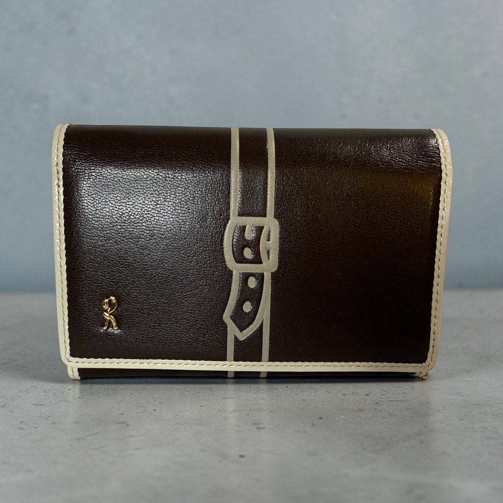 Roberta di Camerino Leather Wallet Trompe L'oeil Belt Brown Cream Made in Italy